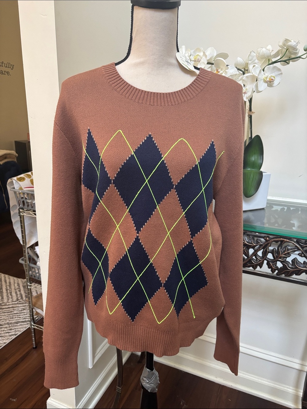 aerie Rust Argyle Crewneck Sweater with Navy and Neon Green Accents size Large